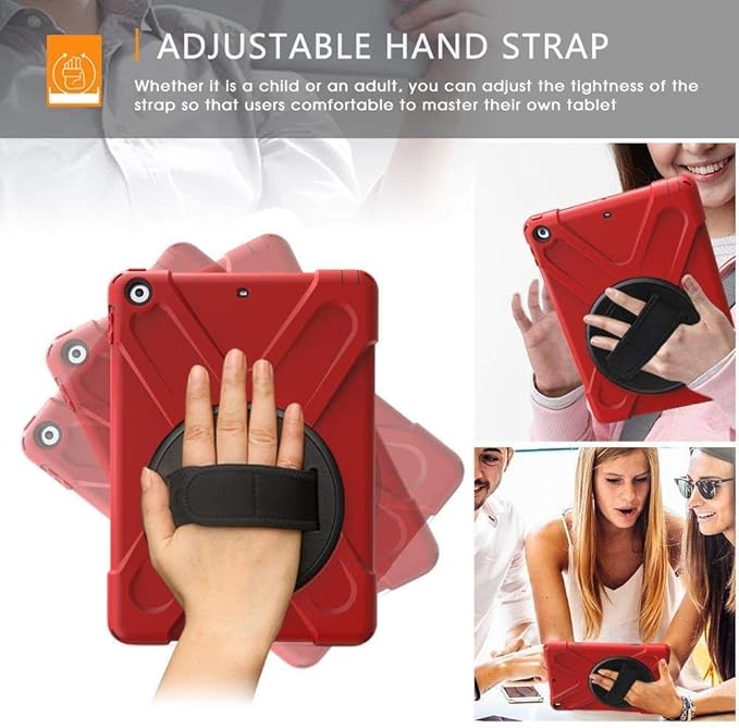 iPad Air 1474 Case 2013 | TSQ iPad Air Case 1st Generation Shock Dropproof Plastic Bumper Rubber Hard Cover w/Rotating Stand Handle Grip Shoulder Strap for Kids Clildren for Apple iPad Air 1 Red