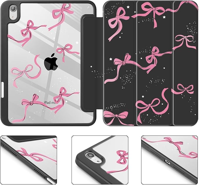 May Chen Slim Case for iPad mini 7 (A17 Pro 7th Generation) 2024 / iPad mini 6 (6th Gen) 8.3 Inch [Built-in Pencil Holder] Shockproof Cover Clear Clear Back Shell Auto Wake/Sleep Black Stars Bow