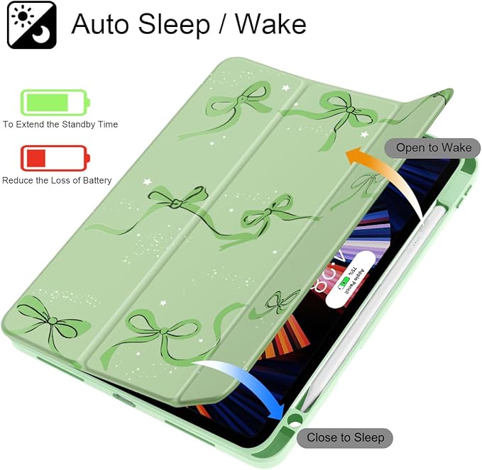 May Chen for iPad Pro 11 inch M2 4th Generation 2022 iPad Pro 11 3rd/2nd/1st Gen Case with Transparent Shockproof Back Cover [Built-in Pencil Holder Auto Sleep/Wake Green Bows