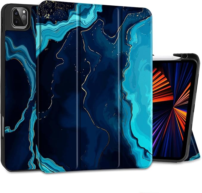 DONGKE Case for 2022/2021/2020/2018 iPad Pro 11 inch Gen 4/3/2/1 - Slim Protective Case - Built in Pencil Holder Support Charging - Trifold Stand &amp Sleep/Wake Cover - Blue Marble