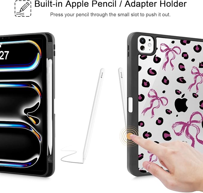 Mektron Case for M5/ M4 iPad Pro 11 inch 2025/2024 with Pencil Holder Compatible Models: A3357/A3358/A3359/A2836/A2837/A3006 Shockproof Cover Clear Shell Composition Book-Bows