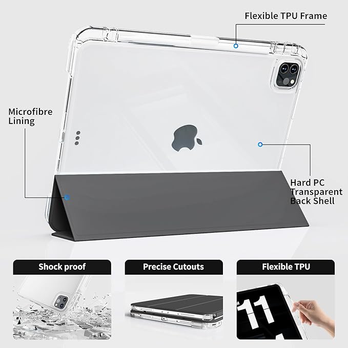 Case for iPad Air 13 Inch M3/M2 (2025/2024) &amp Pro 12.9 Inch 6th/5th/4th/3rd Generation 2022/2021/2020/2018 with Pencil Holder 2 in 1 Detachable Trifold Sliding Cover with Clear Back Shell Black