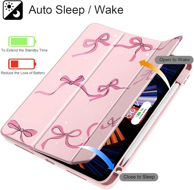 May Chen for iPad Pro 11 inch M2 4th Generation 2022 iPad Pro 11 3rd/2nd/1st Gen Case with Transparent Shockproof Back Cover [Built-in Pencil Holder Auto Sleep/Wake Bows Pink