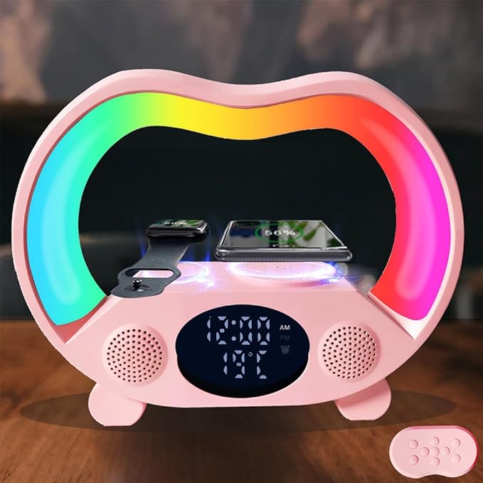 IHAO 6in1 Wireless Charging Station with Bluetooth Speaker Time&ampTemperature Display Alarm Clock 7-Color LED Night Lights Fast Charger for Phone Apple Watch Earbuds Remote Control Auto Shutoff-Pi