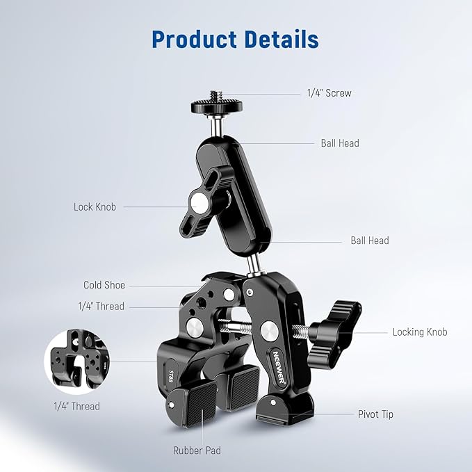 NEEWER Super Clamp with 3 Dual Ballhead Magic Arm Camera Phone Clamp Mount with 1/4 3/8 Threads Cold Shoe Phone Holder Action Camera Adapter Compatible with GoPro DJI iPhone 16 15 Pro Max ST88