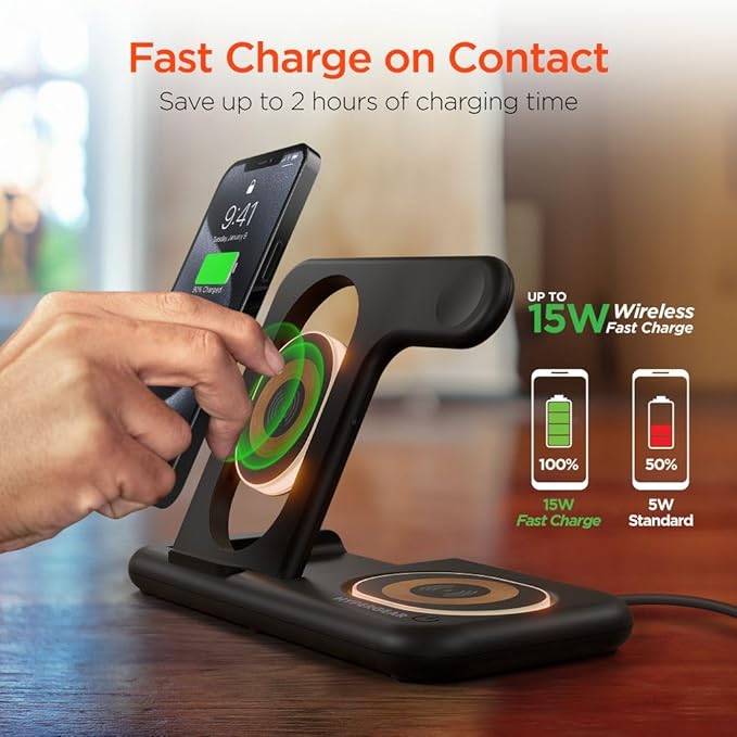 HyperGear 4-in-1 Foldable Wireless Charger iPhone Charging Stations for Multiple Devices Portable 15W Magnetic iPhone Charger Stand Dock with Extra 5W USB Port Apple Watch and AirPods Compatible