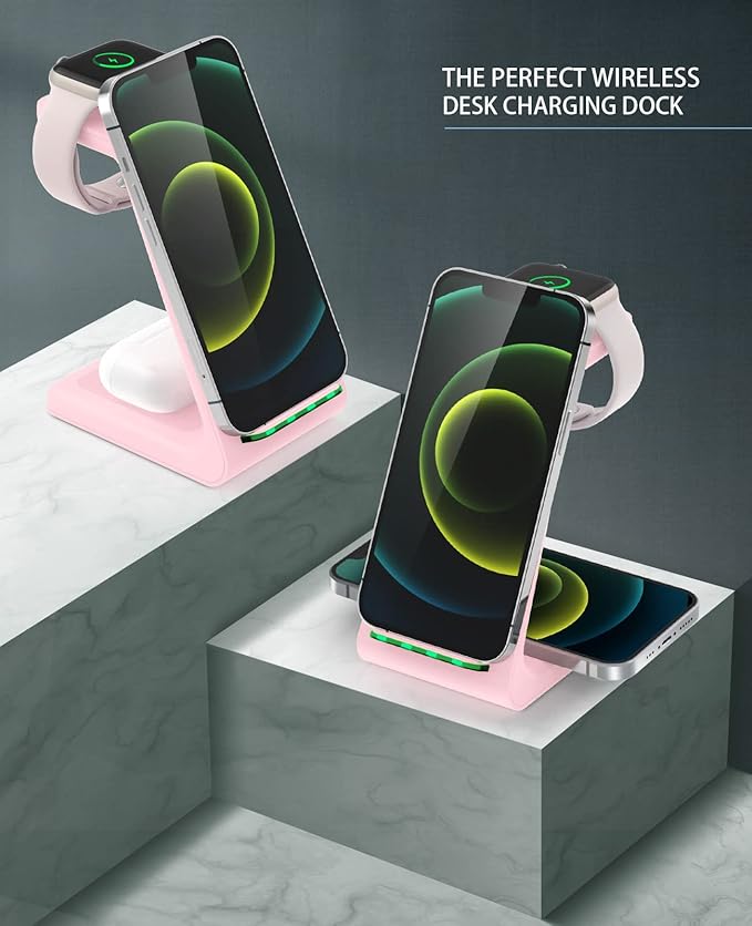 3 in 1 Wireless Charging Station 2026 Upgraded Fast Desk Charger Station for iPhone 17 16 15 14 13 12 Pro Max Plus Charger Stand for Apple Watch 10 9 8 7 6 5 4 3 2 SE Airpods 4 3 2 Pro(Pink)