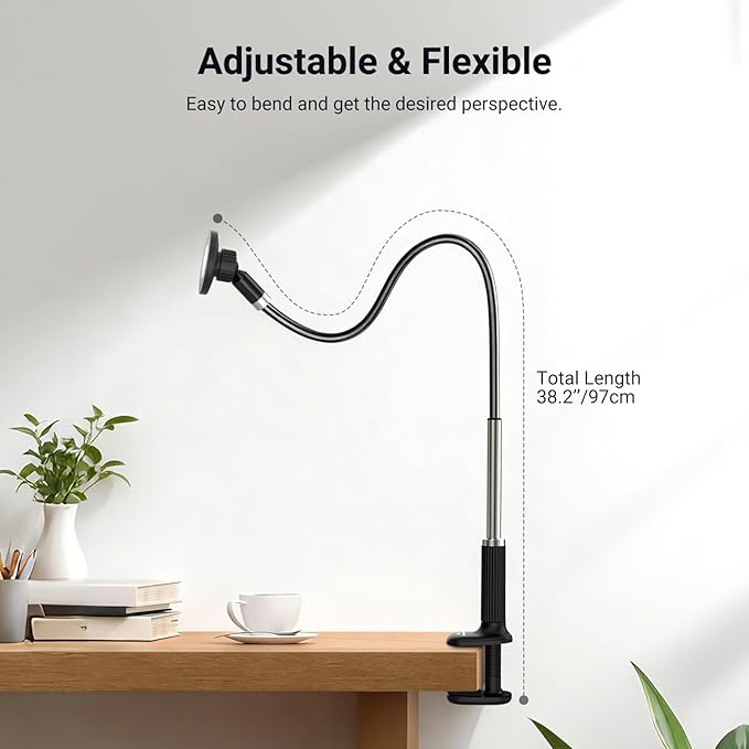 NEEWER Basics Magnetic Phone Stand for Desk 360° Overhead Table Cellphone Holder Clamp Mount with Flexible Arm Compatible with MagSafe iPhone Android Samsung for Bed Video Recording PA151 Black