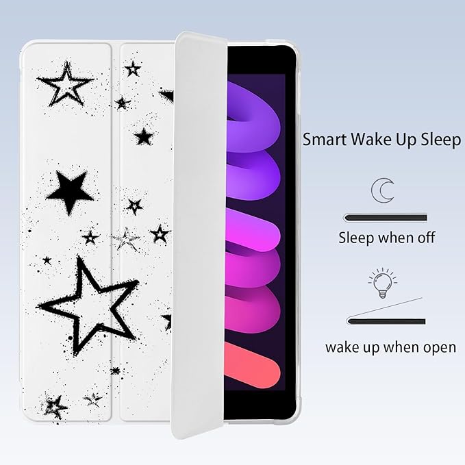 Cute Y2K Black Star for iPad 7th/8th/9th Generation Case with Pencil Holder Auto Sleep/Wake White Leather Soft TPU Back Cover for iPad 10.2 Inch 2019/2020/2021