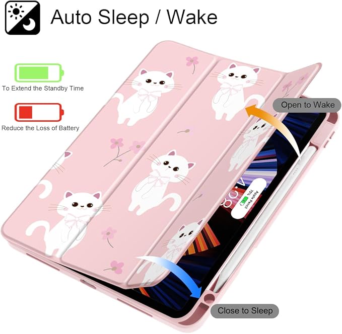 Tuiklol for iPad Pro 11 Inch (M5 2025 / M4 2024) Case Buit-in Pencil Holder with Slim Clear Back Cover Protection Trifold Stand-Auto Wake/Sleep Tablet Case Black Flower Cat-Pink