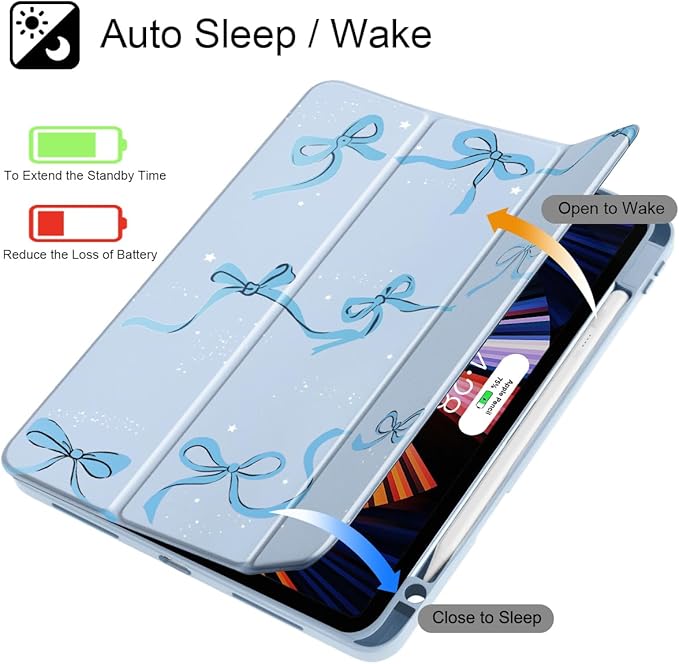 May Chen for iPad Pro 11 inch M2 4th Generation 2022 iPad Pro 11 3rd/2nd/1st Gen Case with Transparent Shockproof Back Cover [Built-in Pencil Holder Auto Sleep/Wake Bows Blue