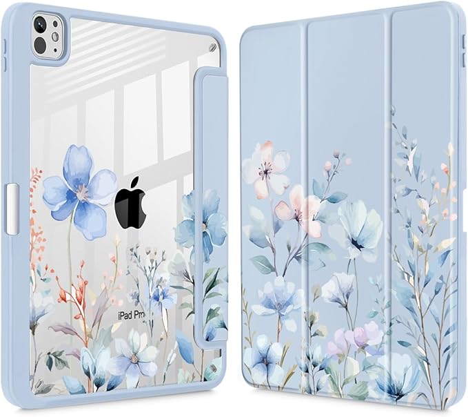 May Chen Case for iPad Pro 11-Inch M5/M4 2025/2024 (6th/5th Generation) Clear Transparent Print Back Shell Slim Stand Shockproof Tablet Cover Auto Wake/Sleep Blue Flowers