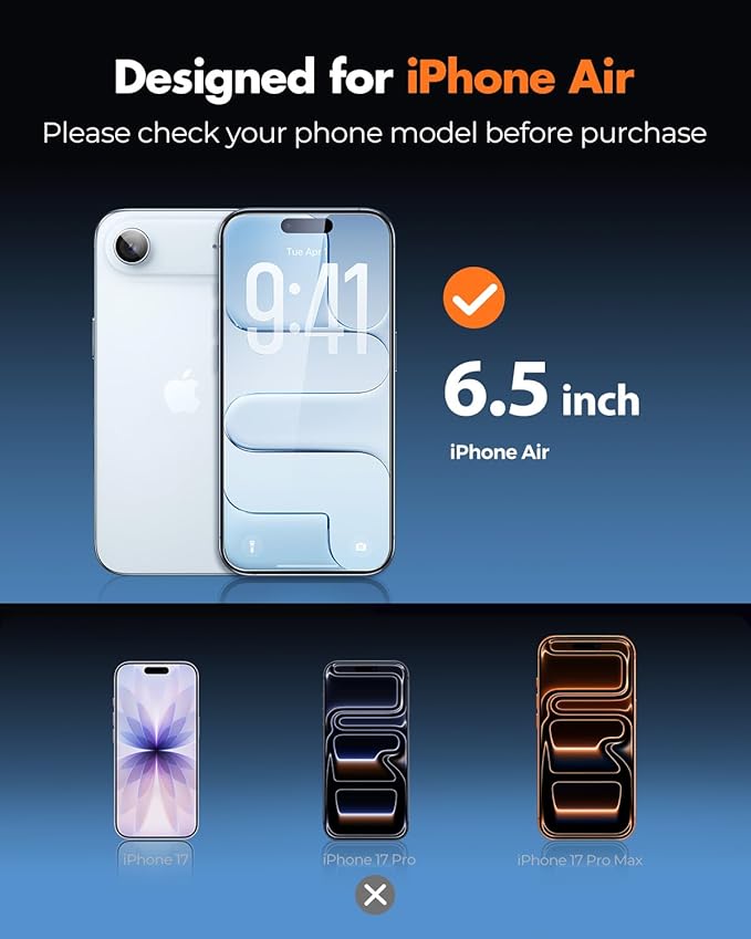 UNBREAKcable iPhone 17 Air Screen Protector 3-Pack with Camera Protection | 9H Hardness | HD Clarity | Anti-Fingerprint | Case Friendly | 6.5 Inch | 3 Tempered Glass + 3 Camera Lens Protectors