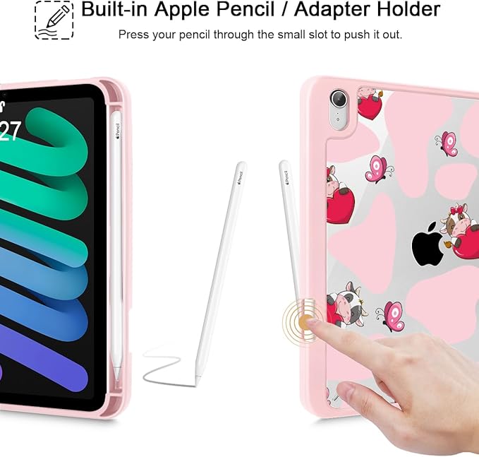 Mektron Printed Case for iPad mini 7 (A17 Pro) 2024/ Mini 6 2021 iPad mini 7th/6th Generation 8.3-inch Liquid Retina Display Cover Buit in Pencil Holder with Clear Back Shell Butterfly Cow