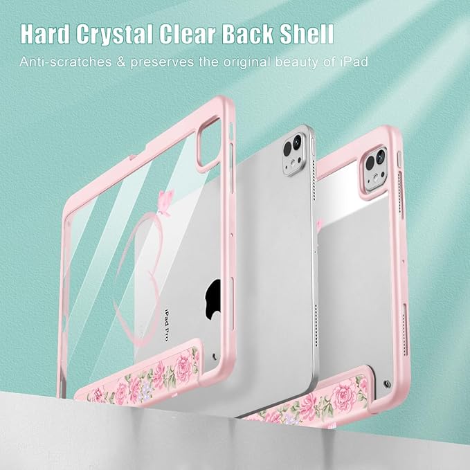 May Chen Case for iPad Pro 11-Inch M5/M4 2025/2024 (6th/5th Generation) [Penceil Holder] Trifold Stand Auto Wake/Sleep Clear TPU Protection Back Cover Bow &amp Rose Flower