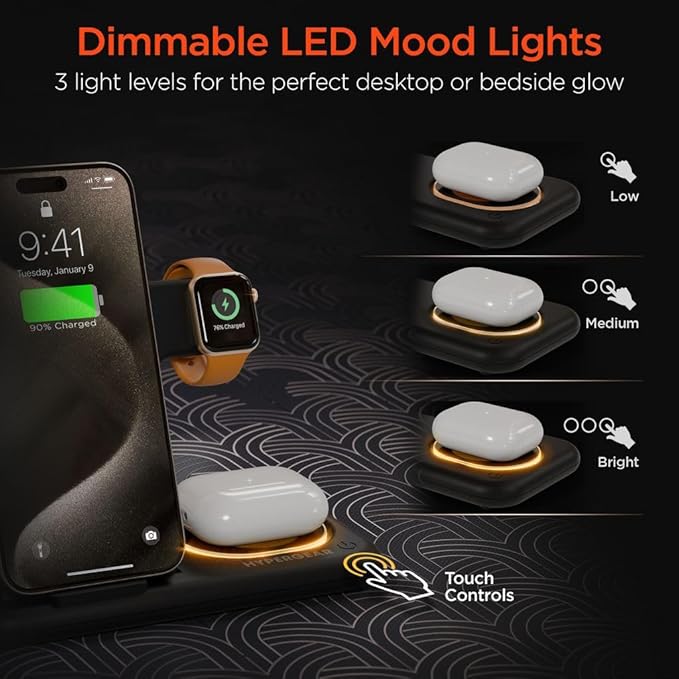 HyperGear 4-in-1 Foldable Wireless Charger iPhone Charging Stations for Multiple Devices Portable 15W Magnetic iPhone Charger Stand Dock with Extra 5W USB Port Apple Watch and AirPods Compatible