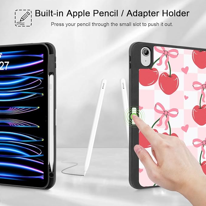Mektron Case for iPad Air 11 inch (M4 2026 8th /M3 2025 7th /M2 2024 6th) Compatible with iPad Air 10.9 (2022 5th Gen /2020 4th Gen) Tablet Cover Buit in Pencil Holder Cherries Bows C353