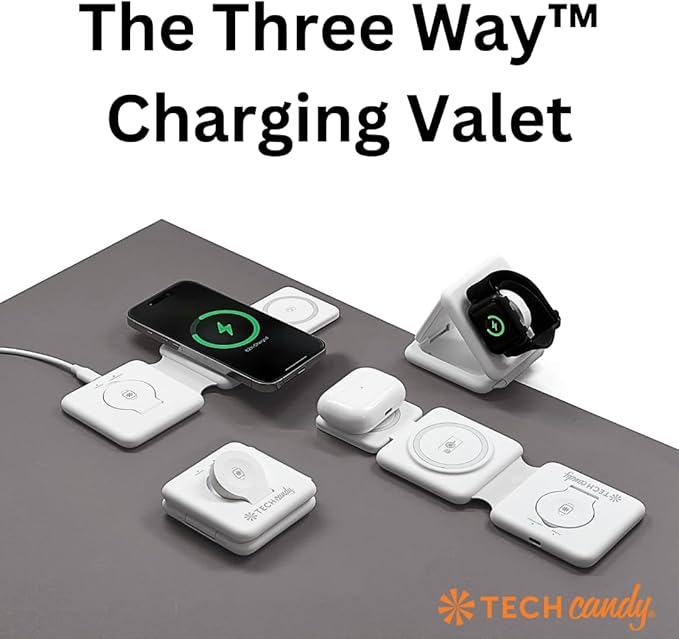 Tech Candy The Three Way Charging Valet Wireless Charging Pad - Charge 3 Devices at Once Compact Qi Charger for Travel Foldable 20W Fast for Phones Ear Buds Smart Watches