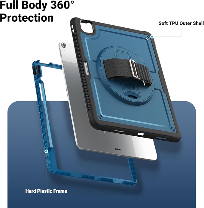 Batianda Case for iPad Air 13-inch 2025 M3 2024 M2 Chip Multilayered Rugged Durable Shockproof Tablet Cover with 360° Rotating Hand Strap Foldable Hidden Stand Navy Blue