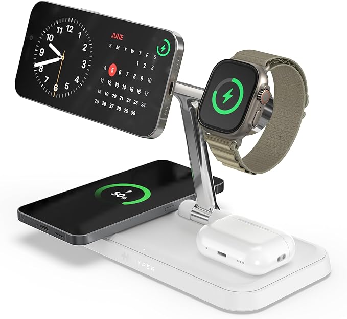 HyperJuice 4-in-1 Wireless Charger Qi2 Magnetic Stand — Fast Wireless Charger for iPhone Apple Watch Airpods &amp Any Qi-Compatible Device — Compact Adjustable and Foldable Qi2