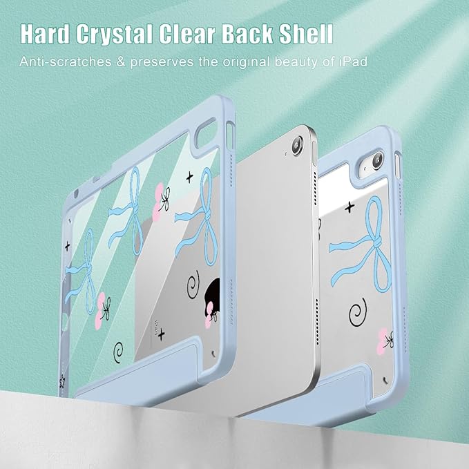May Chen for iPad Air 11-inch M4/M3/M2 (2026/2025/2024) iPad Air 5th/4th 10.9 Inch - Shockproof Cover with Clear Back Shell &amp Penceil Holder Auto Wake/Sleep Stand Cover Blue Bows Dog