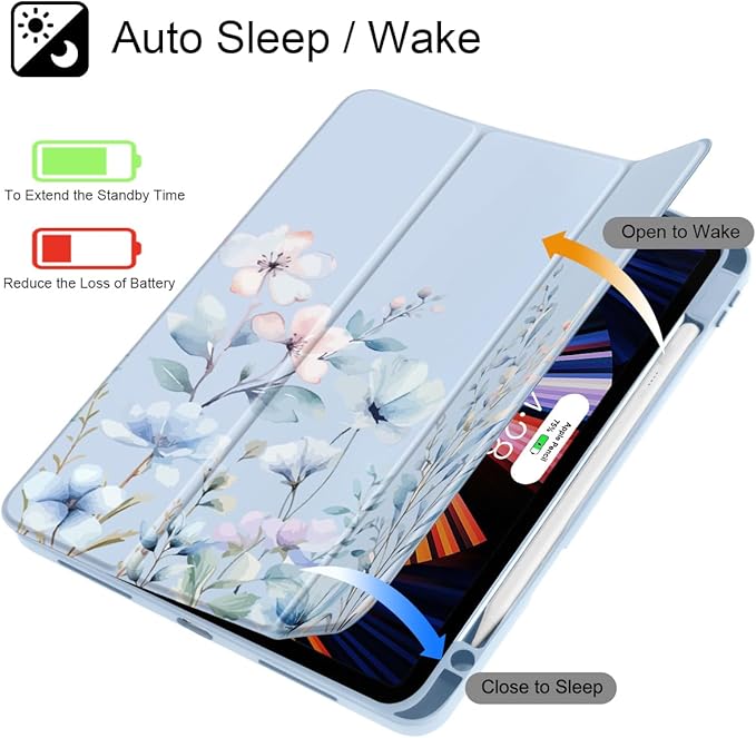 May Chen Case for iPad Pro 11-Inch M5/M4 2025/2024 (6th/5th Generation) Clear Transparent Print Back Shell Slim Stand Shockproof Tablet Cover Auto Wake/Sleep Blue Flowers