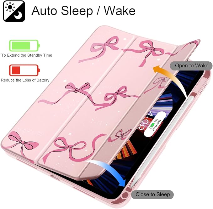 May Chen for iPad Air 11-inch M4/M3/M2 (2026/2025/2024) iPad Air 5th/4th 10.9 Inch - Shockproof Cover with Clear Back Shell &amp Penceil Holder Auto Wake/Sleep Stand Cover Pink Bows
