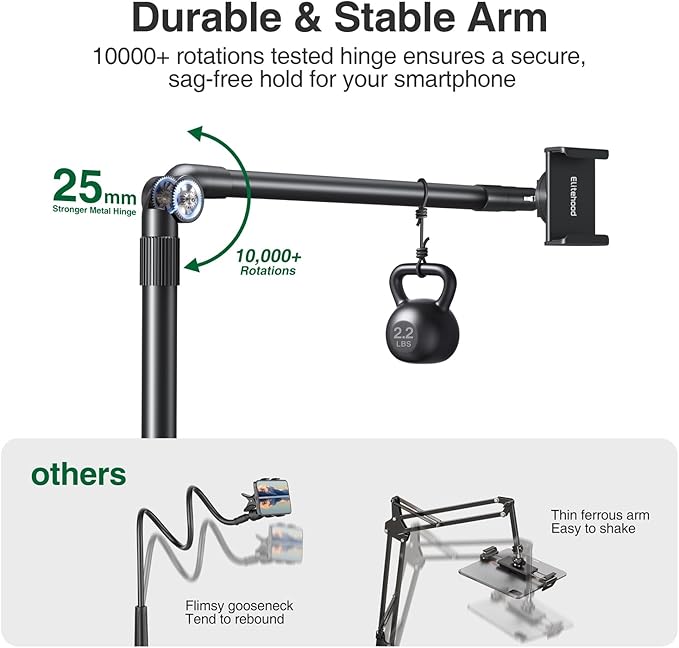elitehood Aluminum Arm Phone Holder for Bed [360° Swivel Tilt Rotation] Adjustable Bedside Phone Holder Laying Down iPhone Stand for Bed Desk Overhead iPhone Clamp Mount Fit All 4-7’’ Cellphone