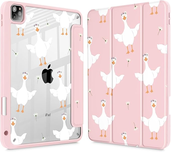 May Chen for iPad Pro 11 inch M2 4th Generation 2022 iPad Pro 11 3rd/2nd/1st Gen Built-in Pencil Holder with Shockproof Cover Clear Transparent Back Shell Auto Wake/Sleep Goose Flower