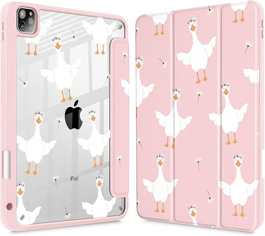 May Chen for iPad Pro 11 inch M2 4th Generation 2022 iPad Pro 11 3rd/2nd/1st Gen Built-in Pencil Holder with Shockproof Cover Clear Transparent Back Shell Auto Wake/Sleep Goose Flower