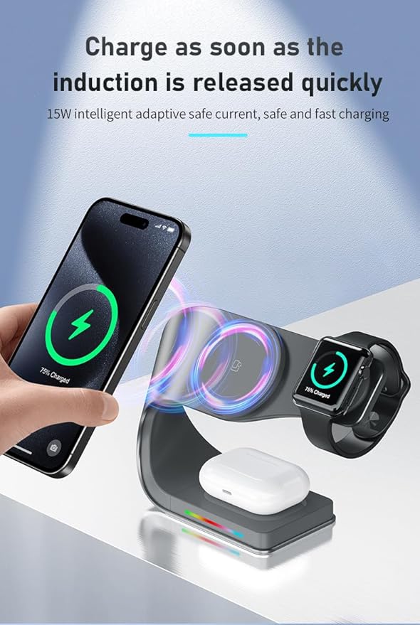 Qi2 Wireless Charger 3 in 1 Fast Charging Station for iPhone 15/14/13/12 Apple Watch AirPods 15W Magnetic Foldable Charging Dock Portable Wireless Charger Stand for Home Office Travel