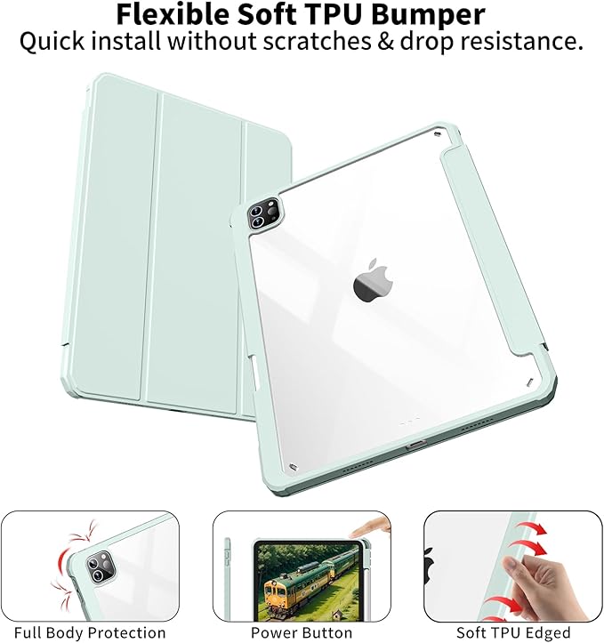 for iPad Pro 13 inch Case (M5/M4) 2025/2024 Slim Protective Cover with Apple Pencil Holder Soft TPU Back Cover for ipad pro 13 inch Trifold Stand Auto Wake/Sleep (Light Green)