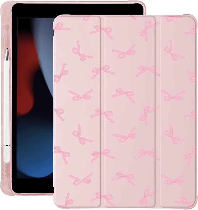 Cute Kawaii Pink Bow for iPad Air 3 Case with Pencil Holder Auto Sleep/Wake Pink Leather Soft TPU Back Cover for iPad Pro 10.5 Inch 2017