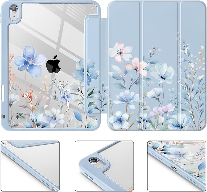 May Chen Case for iPad Air 13 Inch M4 2026 M3 2025 M2 2024 [Built-in Pencil Holder] Shockproof Cover with Clear Transparent Back Shell Auto Sleep/Wake Cover Blue Flowers