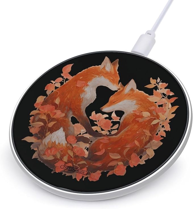 Foxes Love Flowers Leaves Fast Portable Charger 10W Funny Graphic Phone Charging Pad with USB Cable