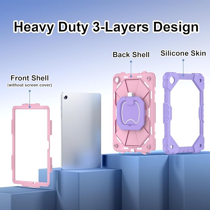 for Samsung Galaxy Tab A11+ Plus/A9+ 11 Inch Case 2025/2023 Cute Shockproof Silicone Business Protective Cover for Galaxy A9+/A11+ with 360 Rotating Stand Handle Shoulder Strap Purple Pink