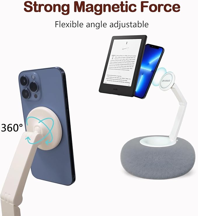 Upgraded Magnetic Kindle Holder for Bed Dual-Axis 360° Adjustable Pillow Stand with Bowl &amp Suction Cup Base Compatible with 3.5–7 Kindle E-Reader iPhone &amp Android PhonesGray