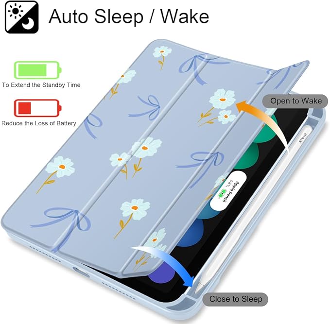 Mektron Printed Case for iPad mini 7 (A17 Pro) 2024/ Mini 6 2021 iPad mini 7th/6th Generation 8.3-inch Liquid Retina Display Cover Buit in Pencil Holder with Clear Back Shell Blue Bows &amp Flower
