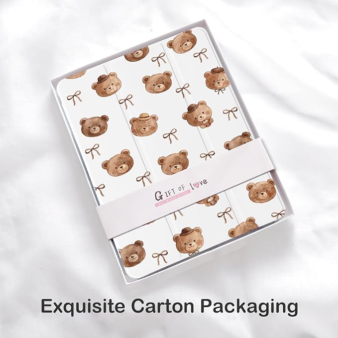Cute Brown Bow Bear for iPad Air 13 Inch Case M3 2025/M2 2024 with Pencil Holder Auto Sleep/Wake White Leather Soft TPU Back Cover