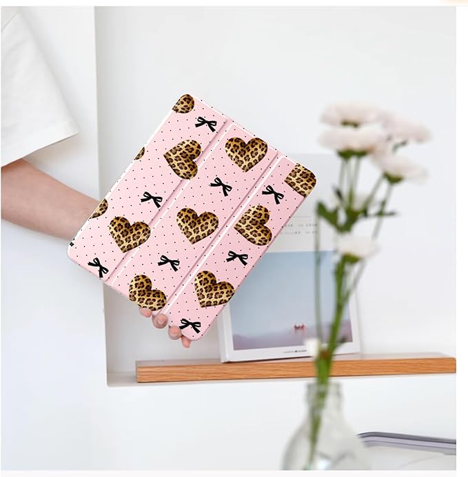 Cute Leopard Print Heart Bow for iPad Air 11 Inch Case 7th/6th Generation (M3/M2) 2025/2024 with Pencil Holder Auto Sleep/Wake Pink Leather Clear Acrylic Back Cover