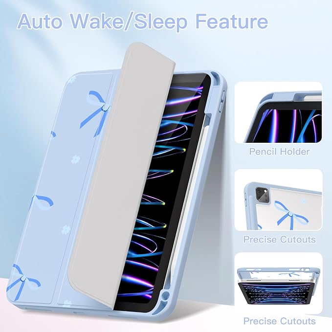Teryeefi for iPad Air 11-Inch Case M4 M3 M2 (2026 2025 2024) iPad Air 4th/5th Generation iPad Pro 11 in 4th/3rd/2nd/1st Generation - Clear Back Cover with Pencil Holder Auto Wake/Sleep-Blue Bows