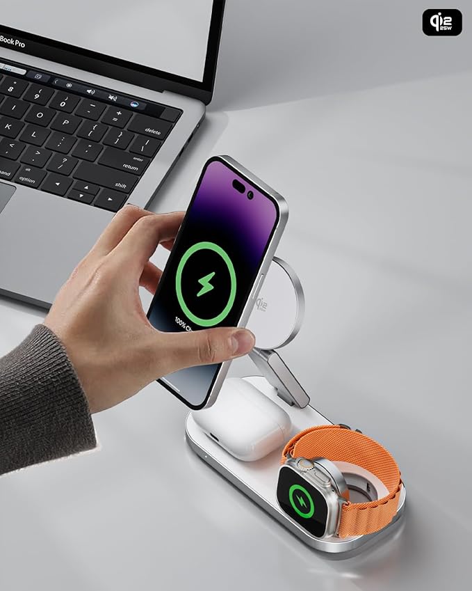 3-in-1 Charging Station for Apple Device Qi2 25W Certified Magnetic Wireless Foldable Fast Charger Stand Compatible with MagSafe for iPhone 17e/17/16/15/14/13/12/Air Series Apple Watch &amp AirPods