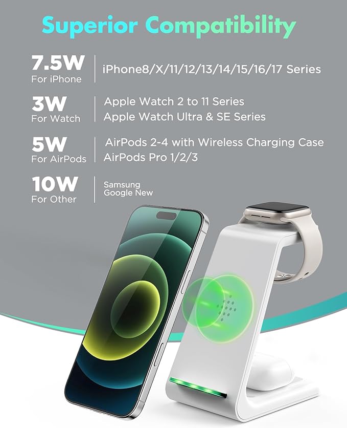3 in 1 Wireless Charging Station 2026 Upgraded Fast Desk Charger Station for iPhone 17 16 15 14 13 12 Pro Max Plus Charger Stand for Apple Watch 11 10 9 8 7 6 5 4 3 2 Ultra SE Airpods 4 3 2 Pro