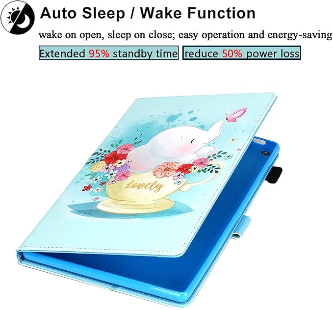 Case for 10.1 Amazon Kindle Fire HD 10 Tablet 9th/7th Generation 2019 and 2017 with Stylus Holder Card Slots [Auto Sleep/Wake] Smart Stand PU Leather Magnetic Folio Cover Flower Elephant