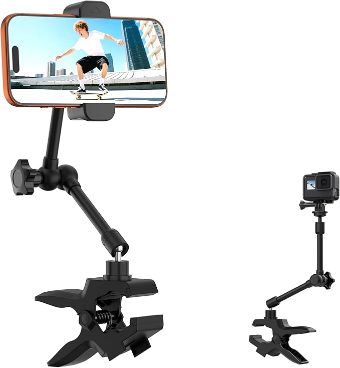 Phone Holder Jaw Flex Clamp Clip Mount360°Adjustable Aluminium Alloy Arm MountCellphone Clip Stand for Desk/Table/Post/BoardCompatible with 3.5~7.5 iPhone/HTC/LG/Huawei/Galaxy/Gopro Hero