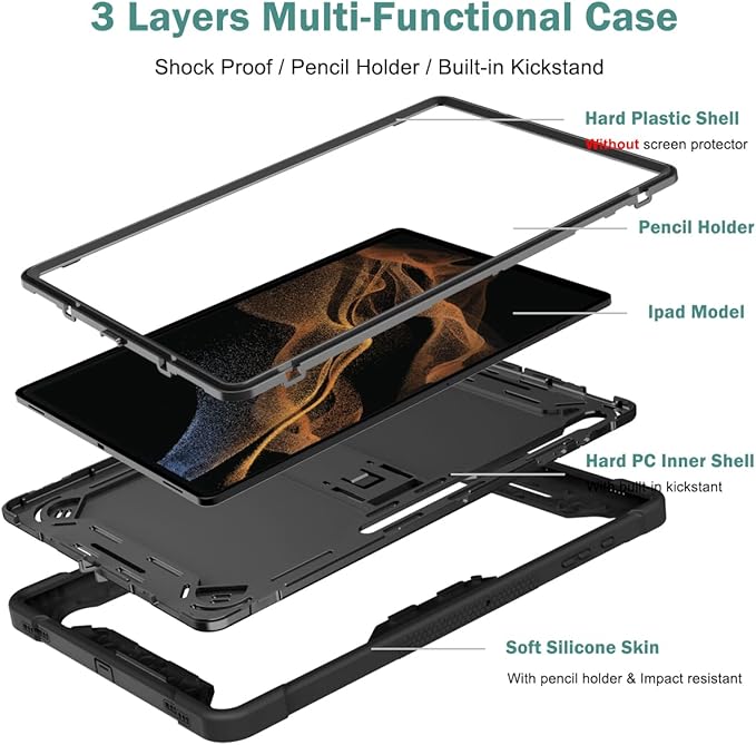 Protective Case Compatible with Samsung Galaxy Tab S9 Ultra 14.6 Inch 2023 Case with Built-in Stand Rugged Hybrid Shockproof Protective CoverCompatible with Samsung Galaxy Tab S9 Ultra(Black)