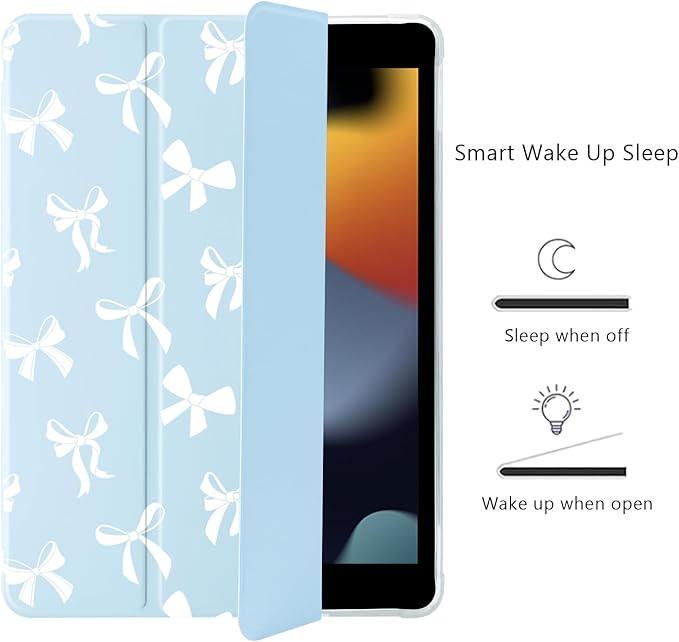 Cute Kawaii Bow for iPad mini 7 A17 Pro 2024/iPad Mini 6 Case with Pencil Holder Auto Sleep/Wake Blue Leather Soft TPU Back Cover
