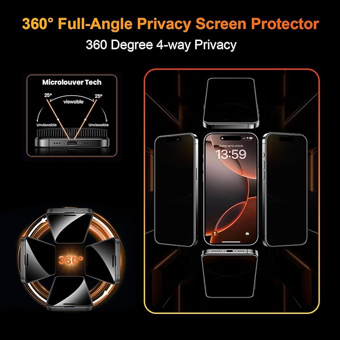OneFish for iPhone 15 Pro Max Privacy Screen Protector 4-Way 360Anti-Spy Tempered Glass 9H Hardness 3D Curved Edges Case-Friendly &amp Easy Installation