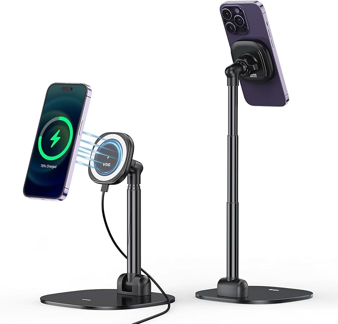 VRIG Magnetic Desk Phone Stand for Office/Home 360°Rotation Wireless Charger Phone Holder with Magnetic Ring Height&ampTilt Adjustable Cell Phone Stand for iPhone 16 15 14 13 12 and More/Android