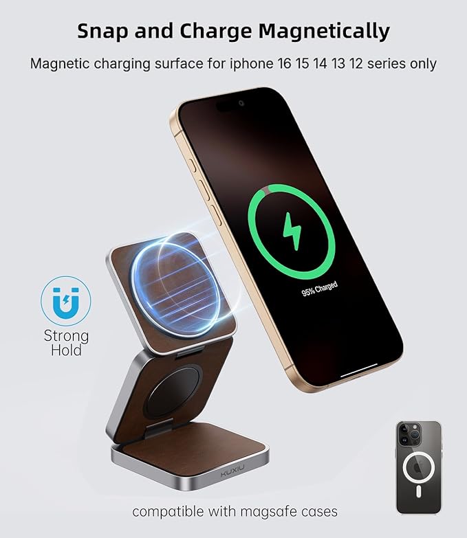 Foldable Magnetic Wireless Charger KU XIU Aluminum Alloy 3 in 1 Charging Station for Apple Fast Charging Travel Charger for iPhone 17 16 15 14 13 5W for Apple Watch Ultra AirPods Leather Texture